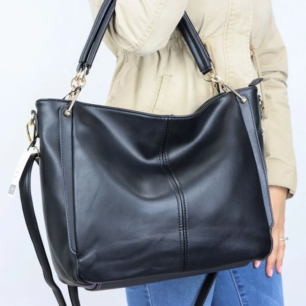 Black Faux Leather Purse and Wallet 2 in 1 Set Tote Hobo Bucket Shoulder Bag - Picture 9 of 12